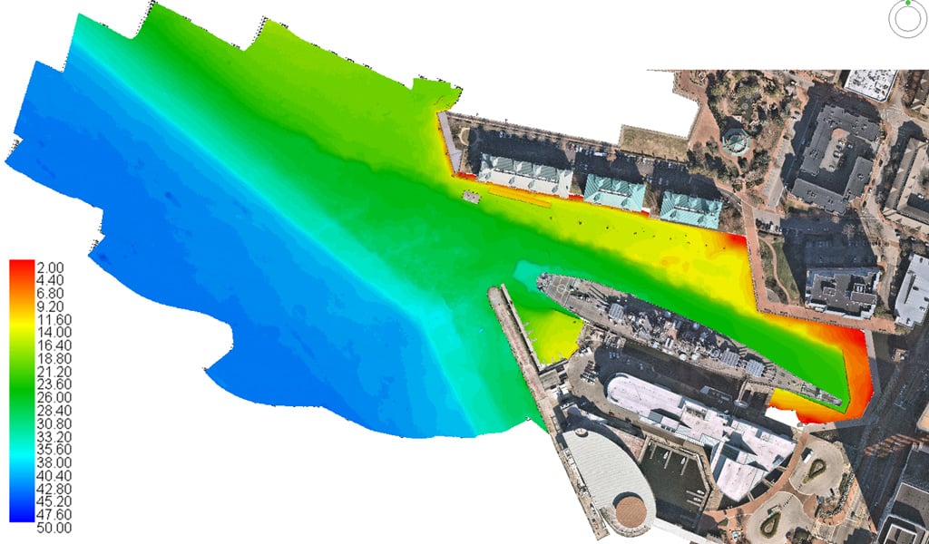 Detailed hydrographic survey results capture thousands of depth points around the USS Wisconsin.