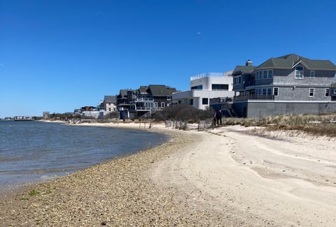 A coastline featuring a narrow strip of beach, with a row of homes sitting about away from the shoreline. 