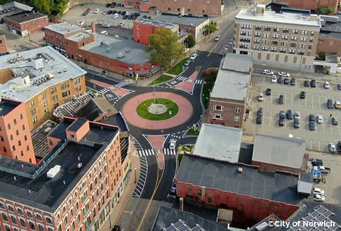 Drone photo of Franklin Square post-construction. 