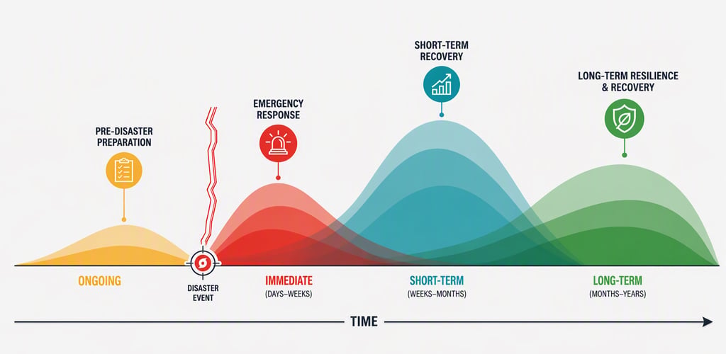 Emergency Response Cycle Chart depicting pre-disaster preparation, immediate, short and long-term responses. 