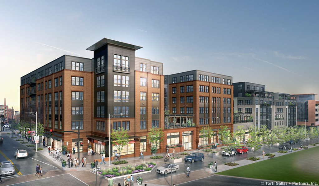 Rendering of a modern multi-story building with a brick facade, large windows, urban streetscape with pedestrians and cars.