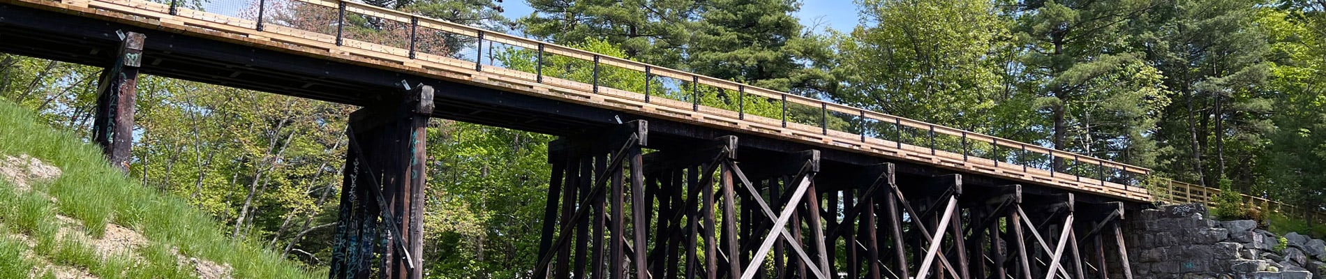 Old wooden railroad bridge supported by a steel and timber trestle over a small stream, surrounded by lush green trees under a clear blue sky.