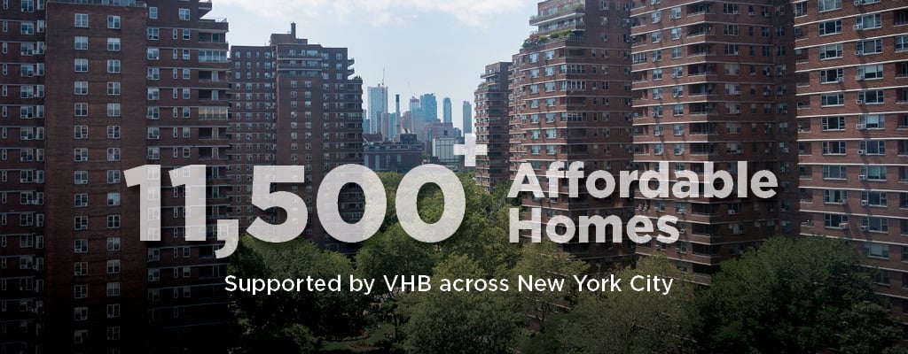 Infographic stating 11,520 affordable homes supported by VHB across New York City.