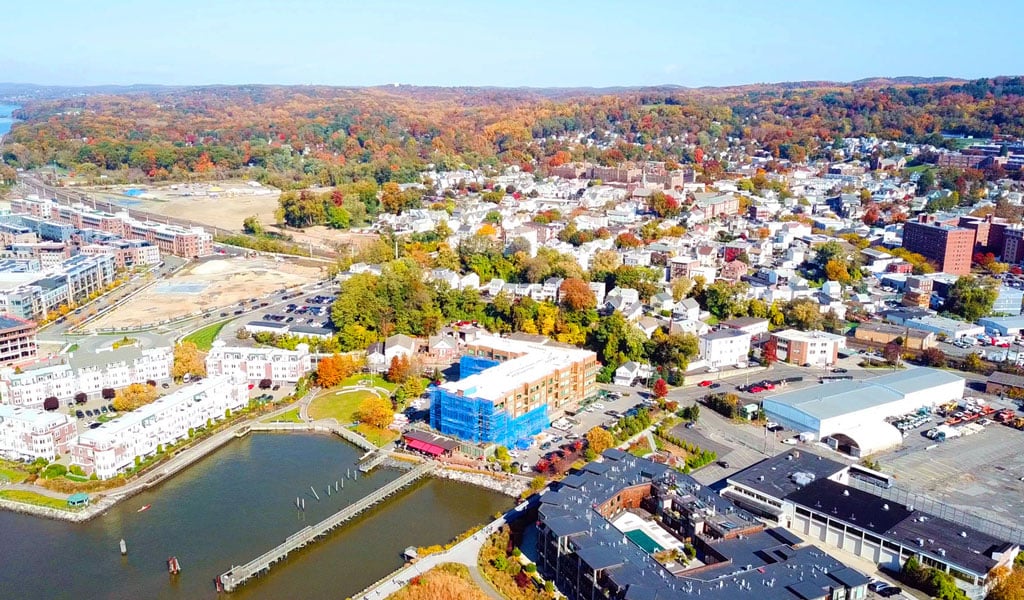 Arial view of the waterfront Village of Sleepy Hollow.