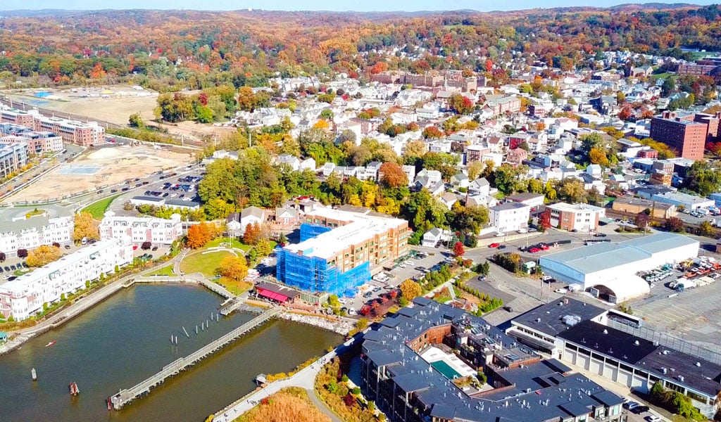 Arial view of the waterfront Village of Sleepy Hollow.