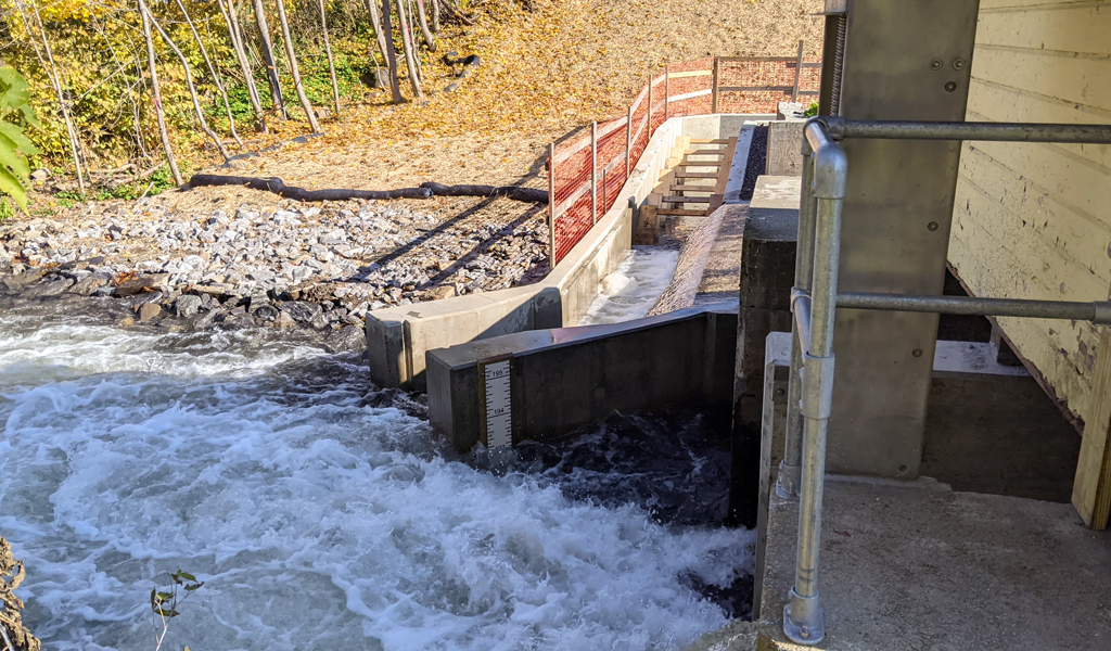 A small dam channeling water through a concrete spillway with turbulent flow.
