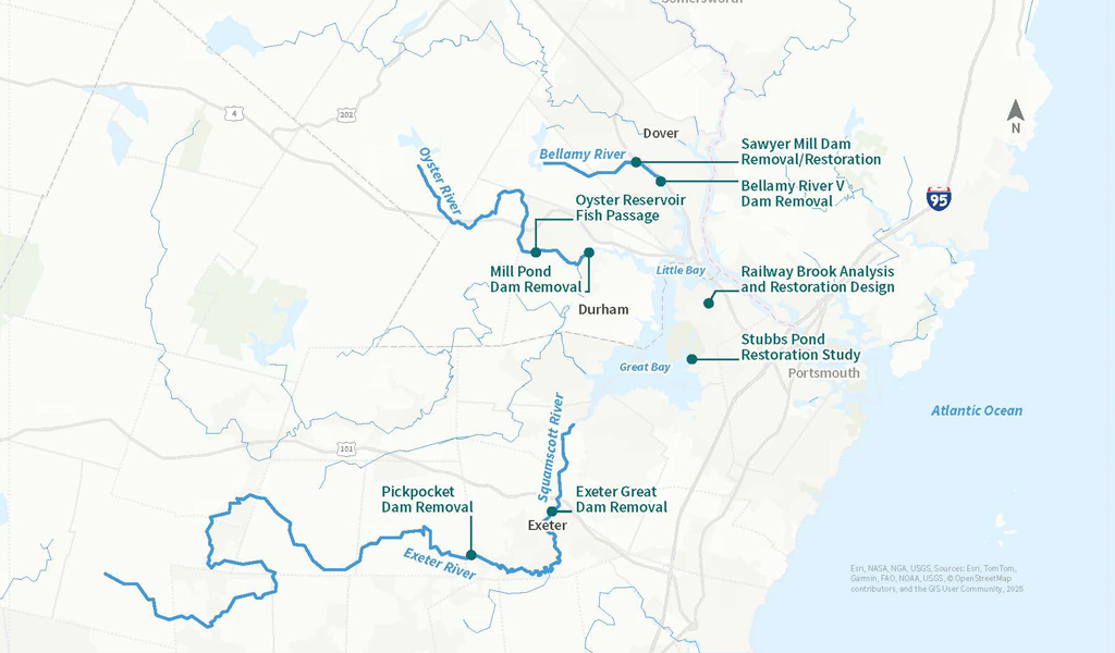 A map depicting dam removal and restoration projects along rivers in New Hampshire