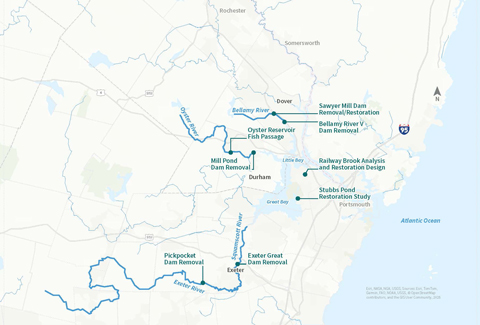 A map depicting dam removal and restoration projects along rivers in New Hampshire