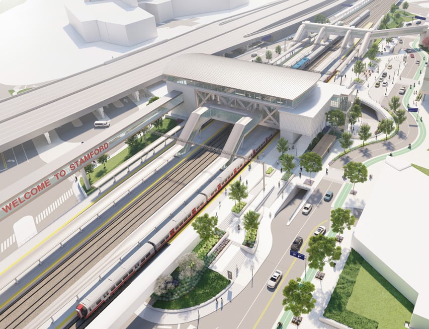 An overhead computer rendering of Stamford station connections to downtown.