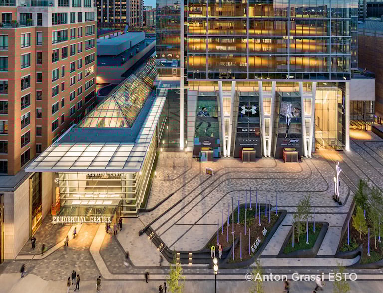 A rendering of Prudential Center’s central quad and station entrance.