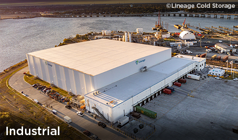 Aerial view on the waterfront of the large Lineage Cold Storage Facility.
