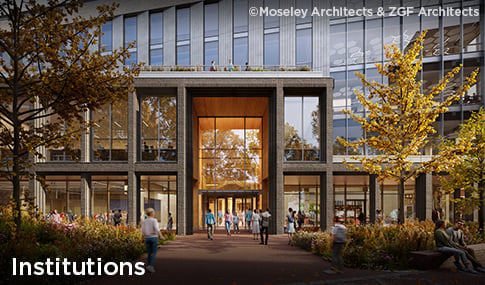 Rendering of people entering and exiting NC State’s Integrative Sciences Building.