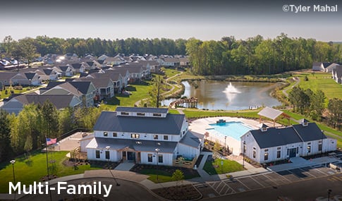 The Chickahominy Falls clubhouse, pool, and scenic retention pond surrounded by a trail network.