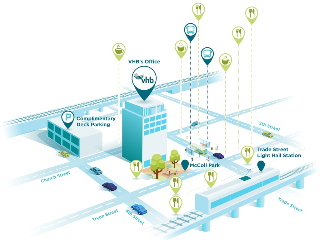 Illustrative map of VHB Charolette office location with surrounding amenities.