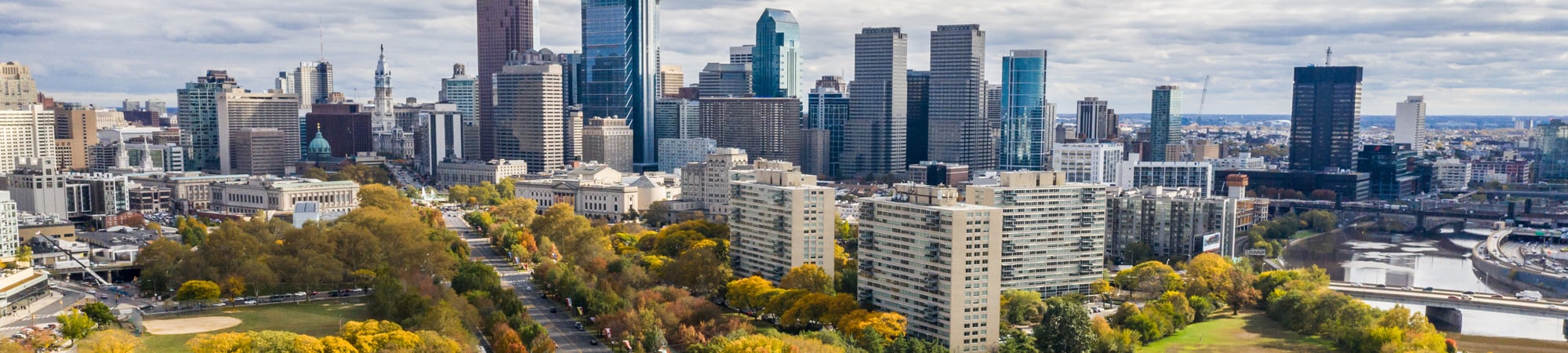 Aerial of Philadelphia skyline.