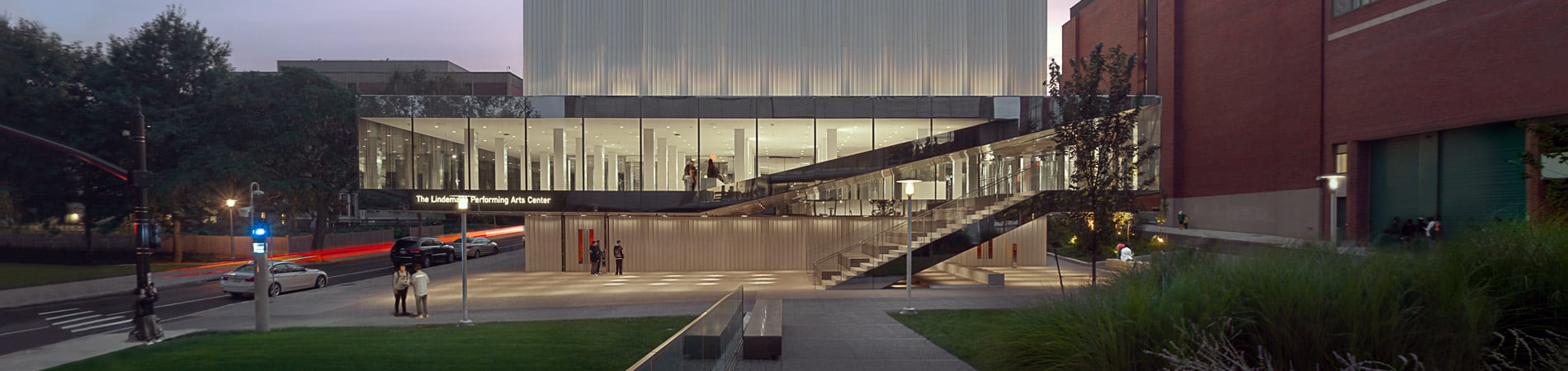 Lindeman Performing Arts Center at dusk.