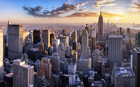 An aerial view of the New York City skyline.