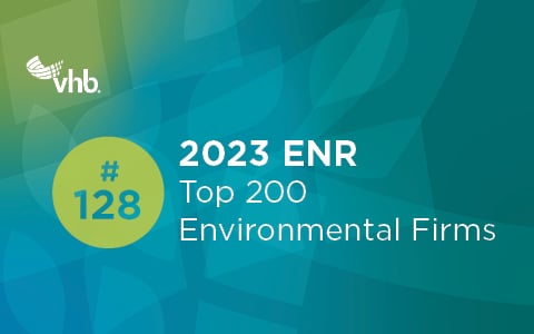 On a teal background with the VHB logo, the firm’s ENR rankings are shown in citron text.