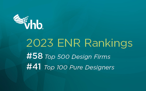 Yellow and white text against a teal background announces VHB’s 2023 ENR rankings.