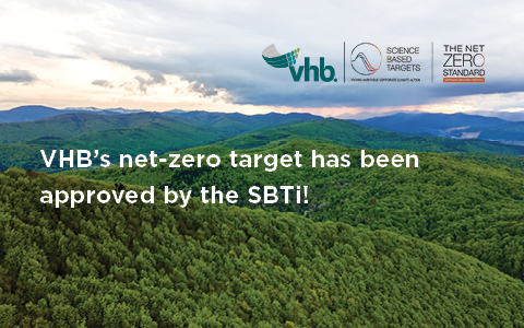 Green mountains in the foreground with the sun setting in the background, with the SBTi logo. 