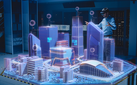 Urban Planner Wearing Virtual Reality Headset to Visualize 3D City.