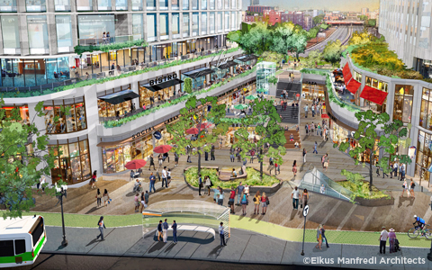 Perspective rendering showcasing renewed streetscape, multimodal options, and public plaza included in the Parcel 12 development in Boston, MA.