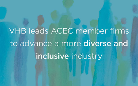 Watercolor background with text overlay, “VHB leads ACEC member firms to advance a more diverse and inclusive industry”