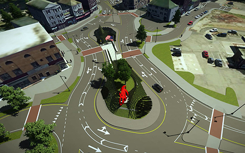 3D rendering with aerial viewpoint of proposed “peanut roundabout” design for the renovated Kelley Square intersection in Worcester, MA.