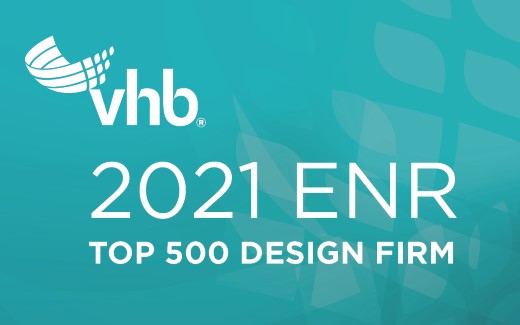 A teal patterned background with VHB logo and the words 2021 ENR Top 500 Design Firm