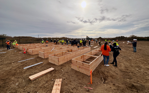 Group of people in a field with wooden planter beds.