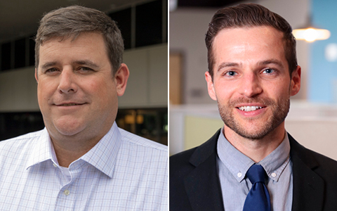 A collage of two business men smiling in an office setting.