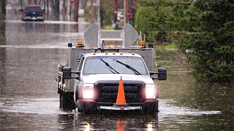 Image of a emergency truck on a flooded city street 