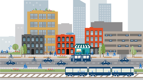 VHB-created graphic showing colorful city and multimodal transportation 