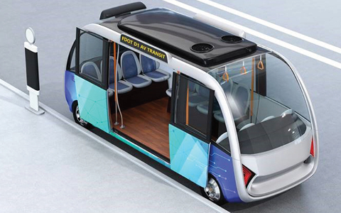 A color rendering of an electric automated vehicle with doors open and seating inside for multiple passengers