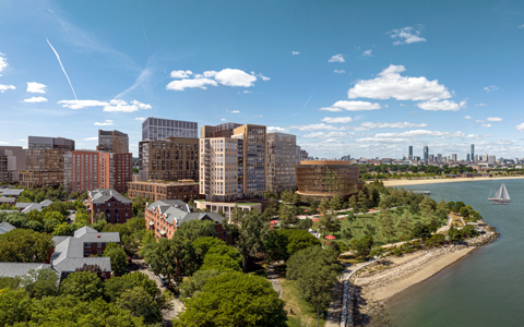 Rendering of the future Dorchester Bay development with people enjoying the amenities along the water.