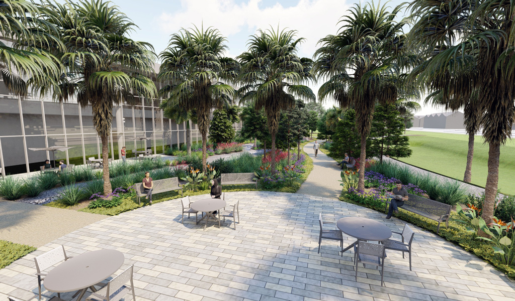 A color rendering of a garden patio area outside a hospital with benches, tables and chairs surrounded by lush tropical plantings. 