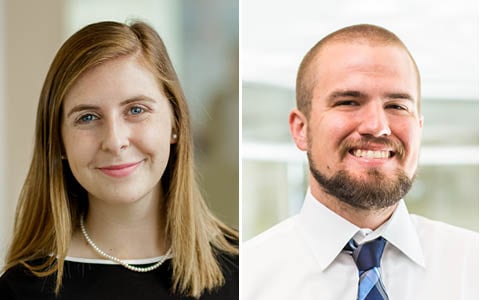 Side by side photos of man and woman smiling at camera.