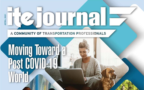 Cover of ITE Journal with blue and white graphics featuring a woman in a gray sweater.