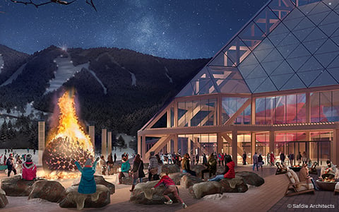 A rendering of the new Killington Ski Area, featuring the new lodge, snowfront, and a recreational space with bonfires. 