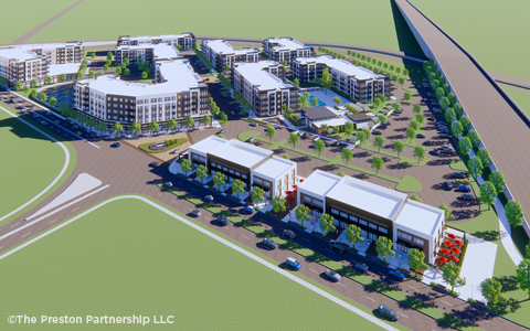 Three-dimensional rendering of a mixed use development 