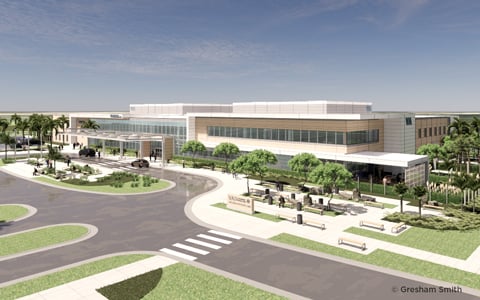 A color rendering of a modern two-story healthcare clinic with people entering and exiting by a flagpole and crosswalk. 