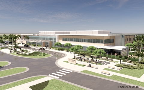 A color rendering of a modern two-story healthcare clinic with people entering and exiting by a flagpole and crosswalk.