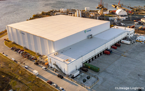Bird’s eye of Lineage Logistics cold storage facility with loading bays along the Elizabeth River in Portsmouth, Virginia.