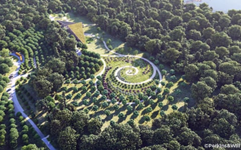 Aerial view of the Henrico County Living Building surrounded by trees. 