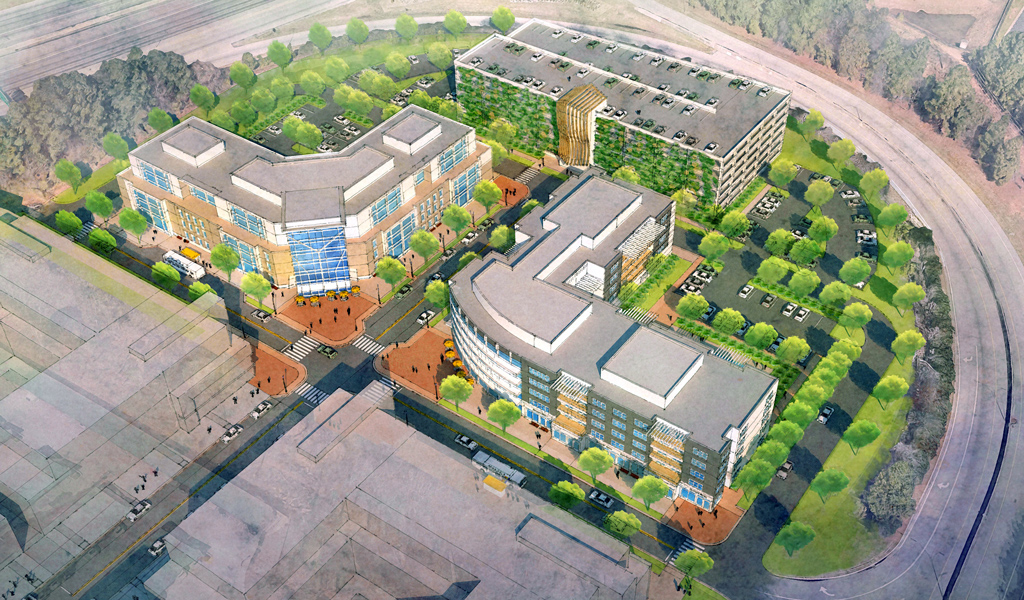 An architectural rendering shows residential and office buildings surrounded by parking and trees at a transit stop.