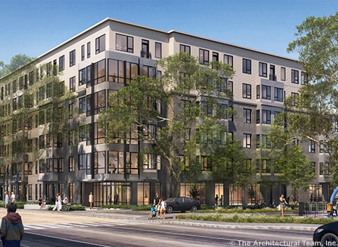 Architectural rendering of a modern, multi-story apartment building with pedestrians and vehicles on the street in front.