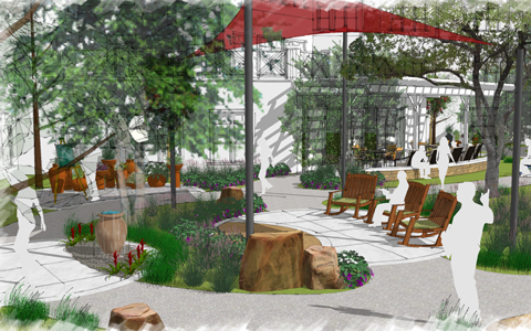 A color rendering of an outdoor garden with canopy for shade at a senior retirement community. 