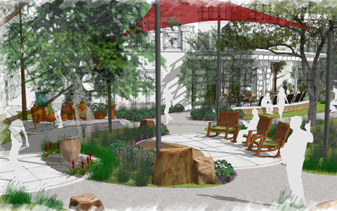 A color rendering of an outdoor garden with canopy for shade at a senior retirement community.