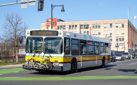 MBTA bus at a stop near Boston University.