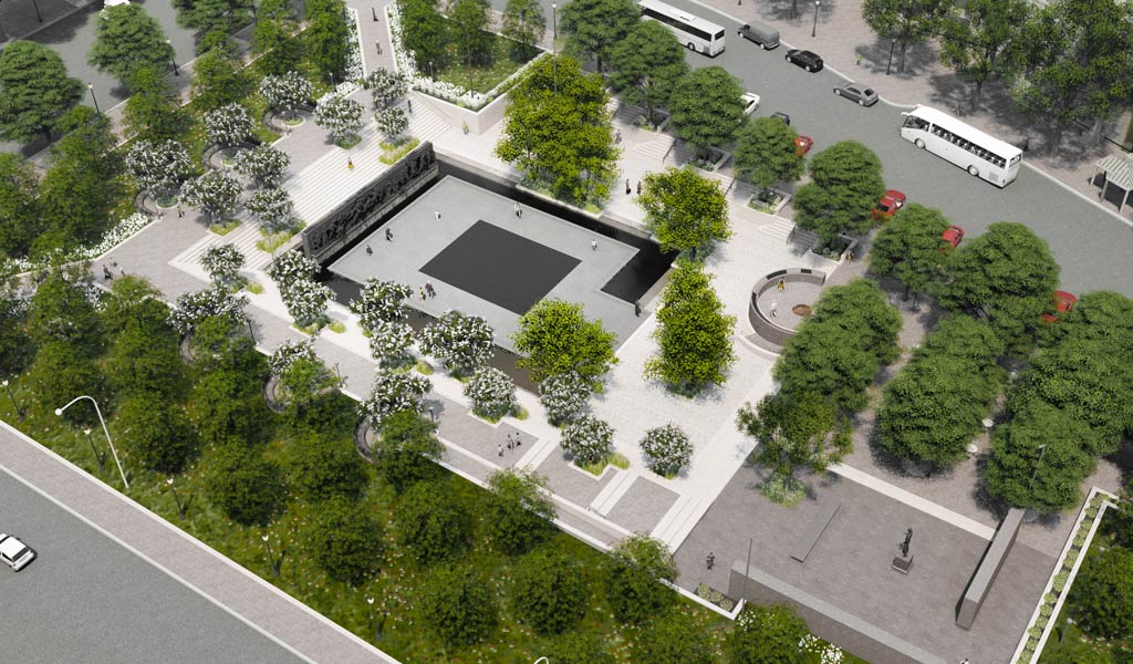 Concept Rendering of the WWI Memorial design from an aerial perspective.
